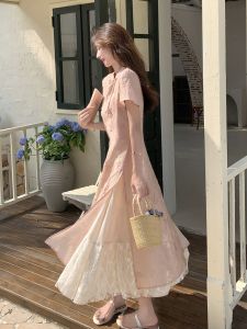 Elegant Pink Chinese Style Qipao Dress with Button Detail Womens Summer A-Line Skirt Long New 2025 Commute Short Sleeve round Neck