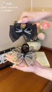 SERENITY Hair Clips with Bow Decorations in Black and Beige with Rhinestone Accents