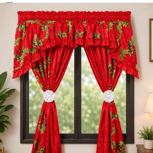 Christmas Double Panel Curtain Elegant Design for Big Window. Red and white festive pattern with ruffled valance. White tiebacks.