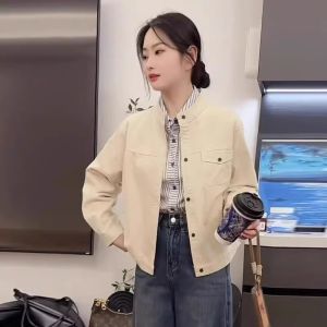 Korean Style Casual Thin Short Jacket Womens Spring Autumn Stand Collar Small Size Workwear Design Top Warm Polyester Fiber