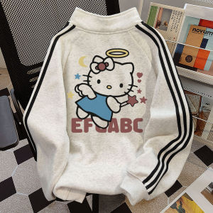 หนาขึ้น ผ้าขนแกะ เสื้อฮู้ด Zip Up ผู้หญิง ฤดูใบไม้ร่วง ฤดูหนาว เสื้อสเว็ตเชิ้ต นักเรียน สตรีทสไตล์ คอโปโลแขนยาวพิมพ์ลาย Hellokitty