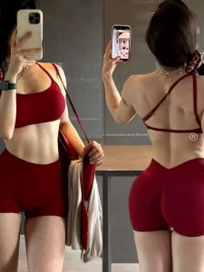 Womens Yoga Fitness Running Sportswear Set with Chest Pad Shockproof Bra Short Pants Two Piece Suit Breathable Quick Dry