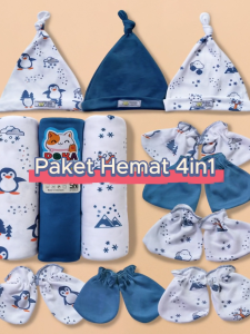 4in1 Paket Hemat Perlengkapan Bayi Baru Lahir Bedong + Topi Set Sarung Tangan & Kaki Serian Denim Poka SNI ZPH37