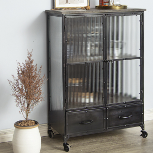 Vintage LOFT Industrial Style Iron Antique Finish with Wheels Glass Cabinet Sideboard Storage Cabinet Bookcase