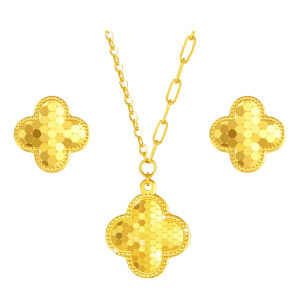 CTS 24K Solid Gold Lucky Shining Clover Paperclip Chain Necklace Fish-scales Stud Earrings Women Gold Jewelry Set CHOW TAI SENG 周大生 G0PC0395 G0EC0018