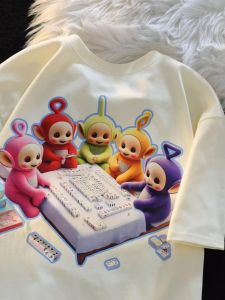 เสื้อยืดแขนสั้นพิมพ์ลายการ์ตูนผ้าฝ้ายแท้สําหรับผู้ชายและผู้หญิงหลวมพอดีความยาวกลางยาวยาวเหมาะสําหรับงานเลี้ยงวันเกิด 18-24