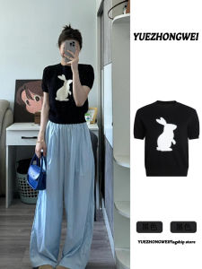 สไตล์อเมริกัน แขนสั้น Ice ผ้าไหม เสื้อยืดถักผู้หญิง ฤดูร้อน สลิมฟิต ความยาวสั้น เสื้อท่อนบน การ์ตูน กระต่าย สีดำ สี