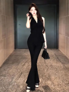 Elegant Womens Summer 2025 Off-Shoulder V-Neck Sleeveless Top with Belt plus Flared Pants Fashionable Casual Outfit Set