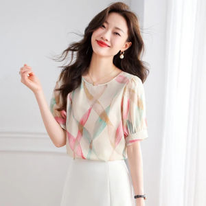 Temperament Shirt Womens Summer New Style Round Neck Pullover Shirts Korean Style Short Sleeve Fashion Chic Top