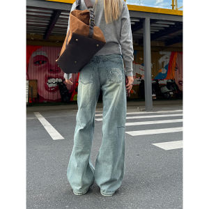 Quần Jeans Công Sở Ống Thẳng Rộng Thêu Phong Cách Mỹ Cổ Điển Quần Thường Ngày Cho Nam Nữ Quần Jeans Denim Cạp Cao