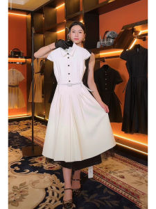 ชุดเดรสแขนสั้นสีเหลืองสไตล์ฝรั่งเศส ชุดทำงาน ชุดราตรี ชุดทำงาน ชุดเดรสยาวปานกลาง ทรงเอ คอโปโล กระโปรงทรงเอ