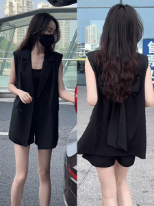Shalldoer | French Fashion Sleeveless Suit Set Women Summer High-End Small Size Stylish Vest Jacket Shorts Two-Piece Set Buttoning V-Neck