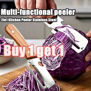 【Buy 1 get 1】2in1 Kitchen Peeler And Opener Stainless Steel with Non-Slip Wooden Handle New multifunctional stainless steel peeler bottle opener solid wood thickenedfruit and vegetable peeler suitable for sugarcane pumpkin fruit kitchen gadgets