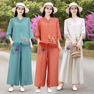 Mothers Day Mom Summer Clothes Cotton and Linen Suit Fashionable Short Sleeve T-shirt Two-piece Set Middle-Aged and Elderly Women Summer Tops