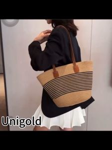UNIGOLD Woven Straw Mat Bag High Capacity Beach Bag Underarm One Shoulder Tote Shoulder Bag Pocket Inside Bags Zipper Wanita Totebag