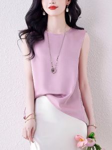 Silk Satin Sleeveless round Neck Shirt Womens Summer Commute Versatile High-End Feeling Asymmetrical Silk Top