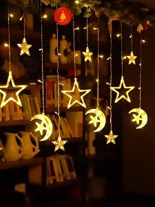 2025 Lampu Hias Natal Lampu Kelap Kelip Lampu Hias NEW 4 Meter Lampu Ramadhan Lampu Hias Lampu LED Bintang Bulan Tirai Lampu Dekorasi Outdoor Tahan Air Lampu Kelap Kelip with EU Plug