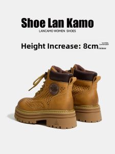 LANKAMO | Womens Martin Boots Increased Height Summer New Leather Breathable Hollow Out Thick Bottom Short Boots Korean Style Round Toe