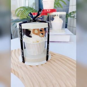 กล่องเค้กทรงสูงใส่คัพเค้ก กล่องใส่เค้กชิ้นทรงสูงไซส์มินิ กล่องเค้ก 2 นิ้ว (SX662) สีครีมสีแดง  แพ็ค 10/20/50 ชุด