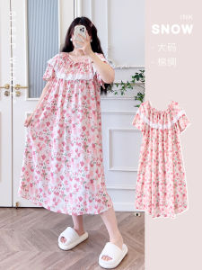 Ultra-Thin Summer Sleep Dress Womens plus Size Ice Silk Cotton Silk Loose Mid-Length Short-Sleeve Lace Evening Gown