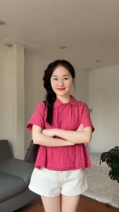 Áo sơ mi dáng babydoll mặc hè kiểu nữ tay ngắn thiết kế cổ sen xếp ly tầng dễ thương
