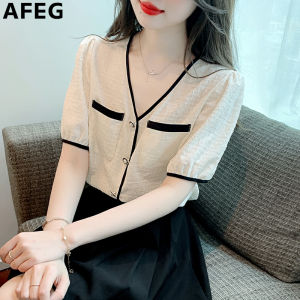 AFEG Korean version V-neck fashion loose temperament bump color floral chiffon short-sleeved blouse for women