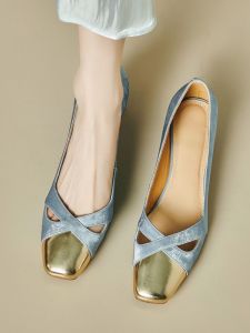 Elegant Leather Fashion Single Shoes Womens Spring Autumn New Style French Square Head Medium Heel Slip-On Shoes