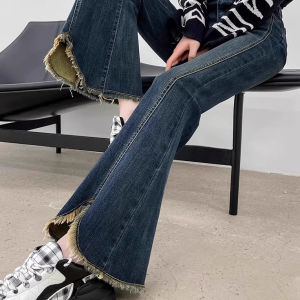 สูง เอว บาน กางเกงยีนส์ ผู้หญิง พรางหุ่น แฟชั่นย้อนยุค ขอบรุ่ย ความยาวพื้น กางเกง แบรนด์แนะนําขายดีที่สุด