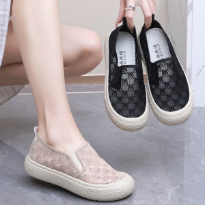 Womens Summer New Fisherman Shoes Slip-On Breathable Canvas Shoes Hollow out Mesh Upper Casual Comfortable Flat Bottom Sneakers