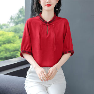 Acetate Chinese Style Tops Womens Short-Sleeve Shirt Ladieswear Summer New Arrival Retro Chinese Style Embroidery Stand Collar Tangzhuang Shirt