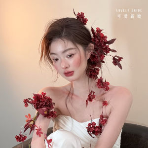 Retro Wedding Hair Accessory Wine Red Eternity Flower Atmosphere Unique Side Clip Marriage Robe Dress Dry Flower Decoration