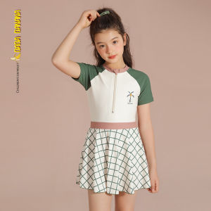 Girls Sporty One-Piece Swimsuit with Short Sleeves Thermal Spring New Arrival Childrens Beachwear Denim Fabric Triangular Design