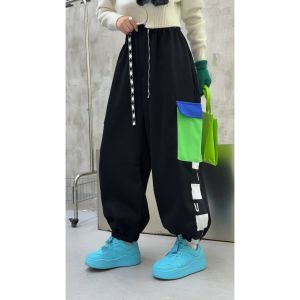 High Waist Fleece Lined Patchwork Letter Print Large Pocket Harlan Style Winter New Arrival Cabbage Pants Womens Trousers