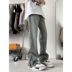Summer New Arrival American High Street Denim Men Vibe Stylish Zipper Micro Pull Loose Straight-leg Handsome Long Pants