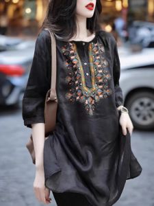 Ethnic Style Retro Embroider Mid Length Long Length Cotton and Linen Shirt Womens Summer High-End Temperament Pullover Linen Half Sleeve Shirt