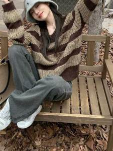 เสื้อสเวตเตอร์ถักแขนยาวหลวมๆ สไตล์เกาหลีย้อนยุคสำหรับผู้หญิง ฤดูใบไม้ผลิ ฤดูใบไม้ร่วง ฤดูหนาว เสื้อคลุมกันหนาวแบบสวมหัว