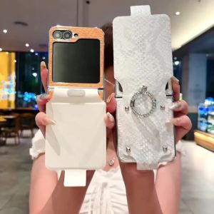 Glitter Diamond Ring Holder Snake Skin Leather Phone Case for Samsung Galaxy Z Flip 7 6 5 4 3 5G Flip7 Bling Protection Cover