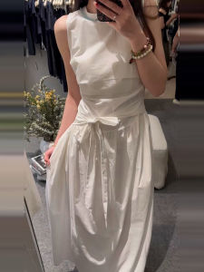 BeautyMark | French Style Sleeveless White Dress Womens Summer Fashion Simple Elegant Long A-Line Skirt Cotton Material High Waist Design