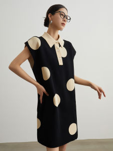 Black and White Dots Knitted Dress Loose Polo Collar miu Style