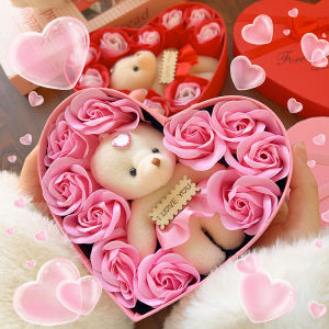 【Snuggery】1 Pcs Exquisite Bear Rose Heart Soap Flower Gift Box Suitable for Romantic Valentines Day Wedding Anniversary Thank You Gift