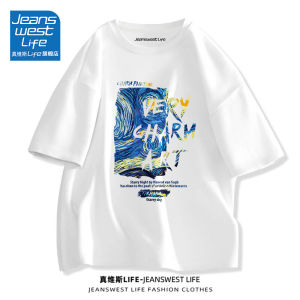 เสื้อยืดแขนสั้นผ้าฝ้ายแท้ JEANSWEST LIFE สำหรับผู้ชาย ทรงหลวม สไตล์ฤดูร้อน ทรงปกติ ป้องกันรอยยับ ไม่ต้องรีด