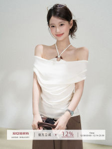 Exquisite Korean Style One Shoulder Neck Hanging T-Shirt Womens Summer Slim Fit High Waist Sense of Luxury Top