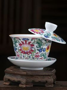 Retro Chinese Enamel Color Ceramic Tea Bowl with Lid Three Elements Design for Home Living Room Office Tea Brewing And Drinking