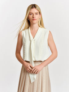 YiYi Classic Versatile Silk Shirt with Sash No Sleeve Drifting Band Summer Regular Fit Fashion Womens Premium Clothing