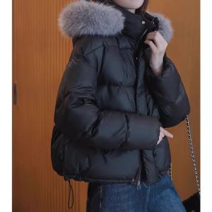 Winter Fashion French Elegance Hooded Faux Fur Collar Warm Womens Jacket
