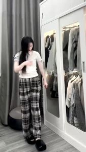 Quần NỈ DẠ LÔNG ống rộng kẻ karo kiểu dáng thời trang thịnh hành bên Hàn Quốc Thái Lan Trung Quốc Vải dày nặng tay