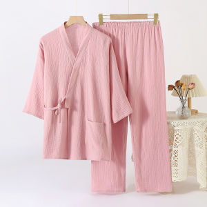 Cotton Double Layer Japanese Kimono Style Sleepwear Summer Home Wear Short Sleeve Long Pants Open Cardigan SPA Hotel Couple