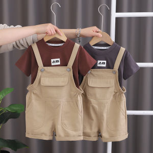 Summer baby boys set korea style overalls childrens casual fashion solid color short-sleeves two-piece set baby clothes suits