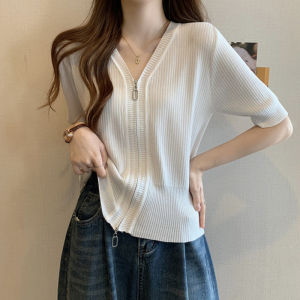 plus Size Womens Korean Style Ice Silk Knitted Short Sleeve Top Slimming Double Zipper Summer Fashion Casual Inner Wear