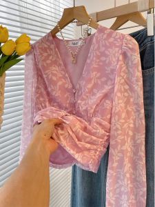 PAIBOLI | Pink Puff Sleeve Chiffon French Style Floral Blouse Summer